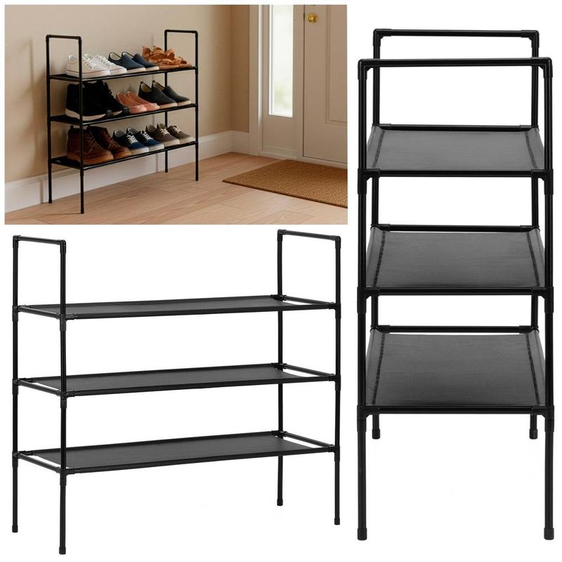Casa si Gradina - Mobilier - Dulapuri si sifoniere - Dulapuri pantofi - Raft pantofi cu 3 polite, structura metalica si rafturi textile, 72x28x70 cm, negru - Infinity.ro