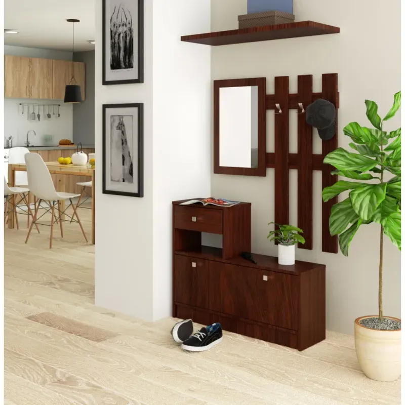 Casa si Gradina - Mobilier - Dulapuri si sifoniere - Dulapuri pantofi - Set mobilier hol cu pantofar, oglinda, sertar si cuier metalic, PAL laminat, 90x25x170 cm, maro - Infinity.ro