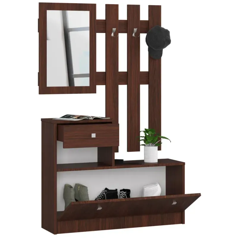 Casa si Gradina - Mobilier - Dulapuri si sifoniere - Dulapuri pantofi - Set mobilier hol cu pantofar, oglinda, sertar si cuier metalic, PAL laminat, 90x25x170 cm, maro - Infinity.ro