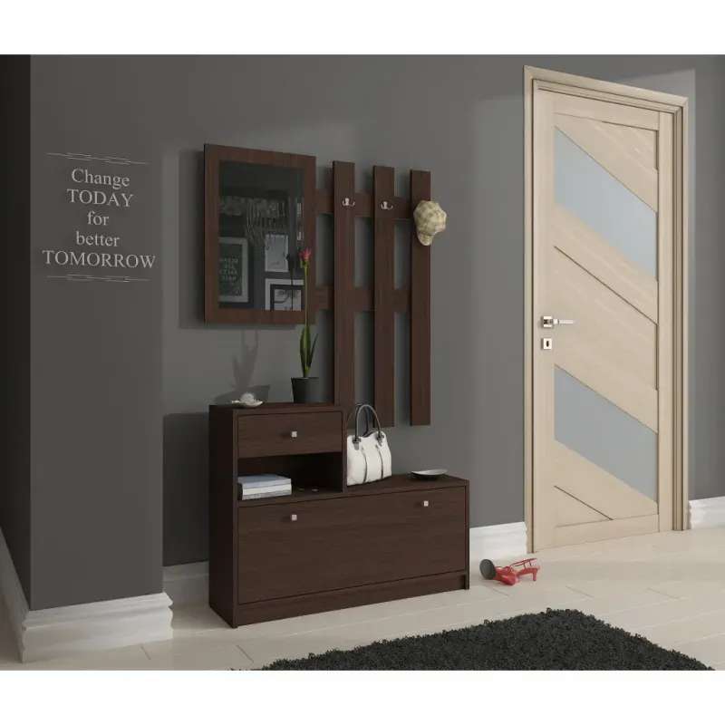 Casa si Gradina - Mobilier - Dulapuri si sifoniere - Dulapuri pantofi - Set mobilier hol cu pantofar, oglinda, sertar si cuier metalic, PAL laminat, 90x25x170 cm, maro - Infinity.ro