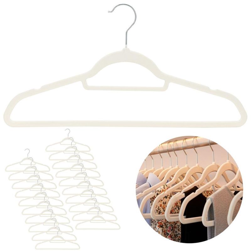 Casa si Gradina - Mobilier - Organizare si depozitare - Umerase si valeti - Set de 20 de umerase pentru haine, din velur, cu carlig rotativ, 45x23 cm, ecru - Infinity.ro