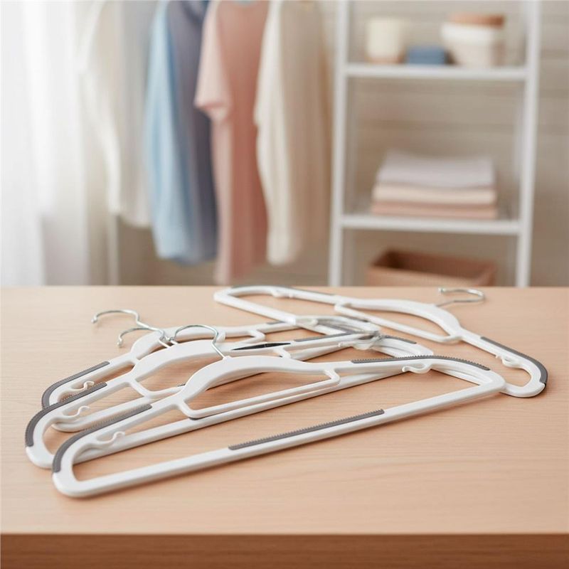 Casa si Gradina - Mobilier - Organizare si depozitare - Umerase si valeti - Set de 20 de umerase antiderapante pentru haine, din PE, cu carlig metalic rotativ, 41 cm, alb si gri - Infinity.ro