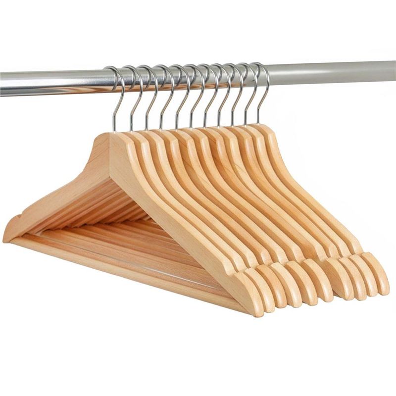 Casa si Gradina - Mobilier - Organizare si depozitare - Umerase si valeti - Set de 10 umerase din lemn cu carlig cromat rotativ, forma ergonomica, 43x21 cm, maro natur - Infinity.ro