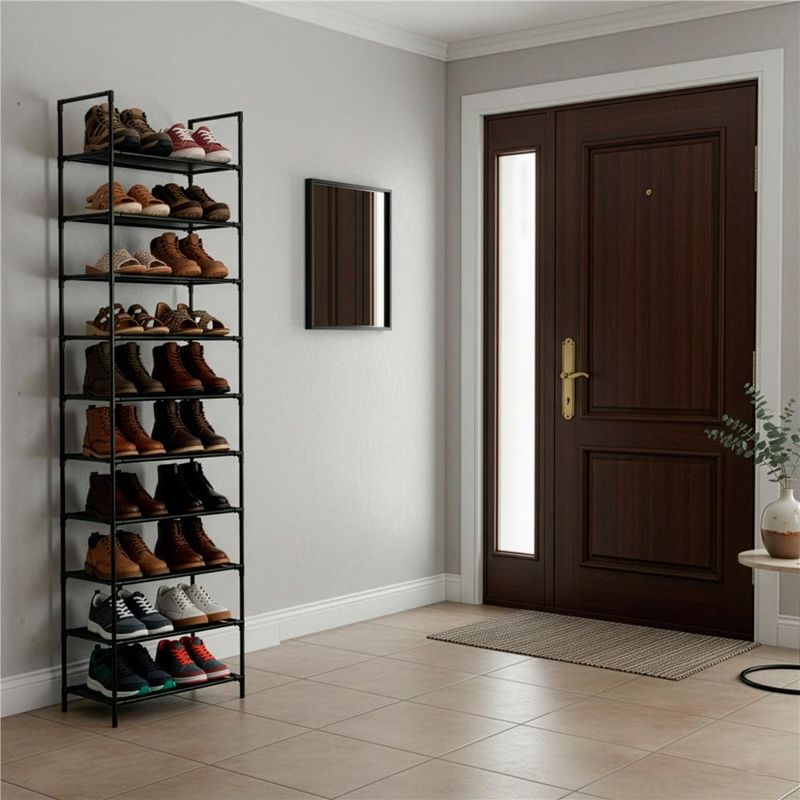 Casa si Gradina - Mobilier - Dulapuri si sifoniere - Dulapuri pantofi - Raft pantofi inalt cu 10 polite, structura metalica si rafturi textile, 45x28x178 cm, negru - Infinity.ro