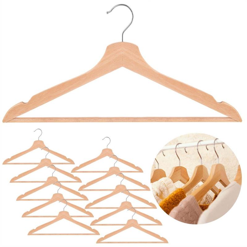 Casa si Gradina - Mobilier - Organizare si depozitare - Umerase si valeti - Set de 10 umerase din lemn cu carlig cromat rotativ, forma ergonomica, 43x21 cm, maro natur - Infinity.ro