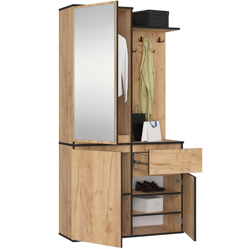 Casa si Gradina - Mobilier - Organizare si depozitare - Cuiere - Set hol Entro cu oglinda, cuier si spatii de depozitare, PAL laminat 16 mm, 95x35x183 cm, stejar craft - Infinity.ro