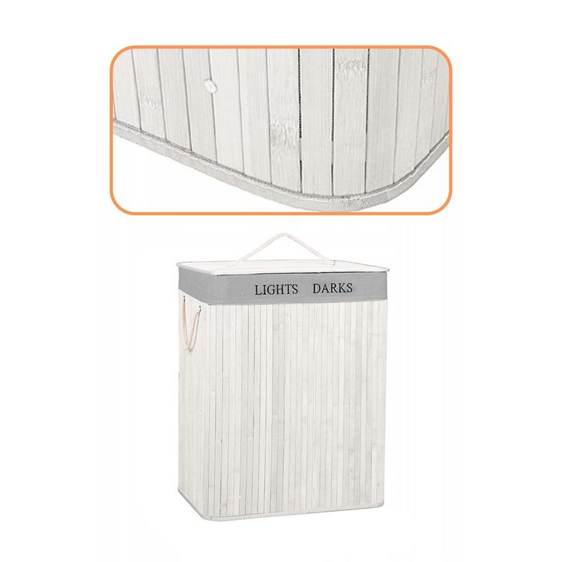 Market - Spalare si intretinere rufe - Uscatoare de rufe si accesorii - Cos pentru rufe din bambus, pliabil, cu 2 compartimente, volum 105 L, 63x52x33 cm, alb si gri - Infinity.ro