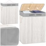 Market - Spalare si intretinere rufe - Uscatoare de rufe si accesorii - Cos pentru rufe din bambus, pliabil, cu 2 compartimente, volum 105 L, 63x52x33 cm, alb si gri - Infinity.ro
