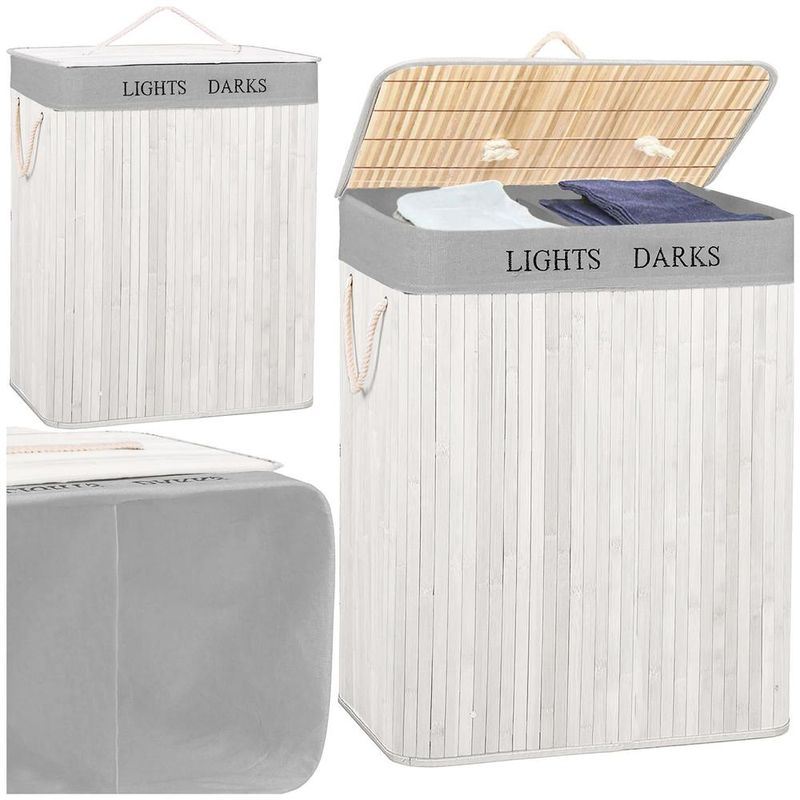 Market - Spalare si intretinere rufe - Uscatoare de rufe si accesorii - Cos pentru rufe din bambus, pliabil, cu 2 compartimente, volum 105 L, 63x52x33 cm, alb si gri - Infinity.ro
