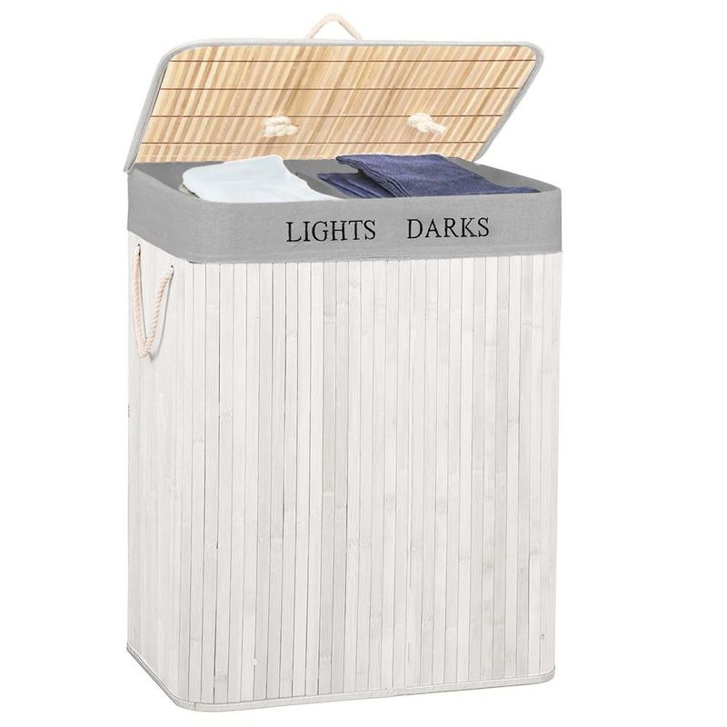 Market - Spalare si intretinere rufe - Uscatoare de rufe si accesorii - Cos pentru rufe din bambus, pliabil, cu 2 compartimente, volum 105 L, 63x52x33 cm, alb si gri - Infinity.ro