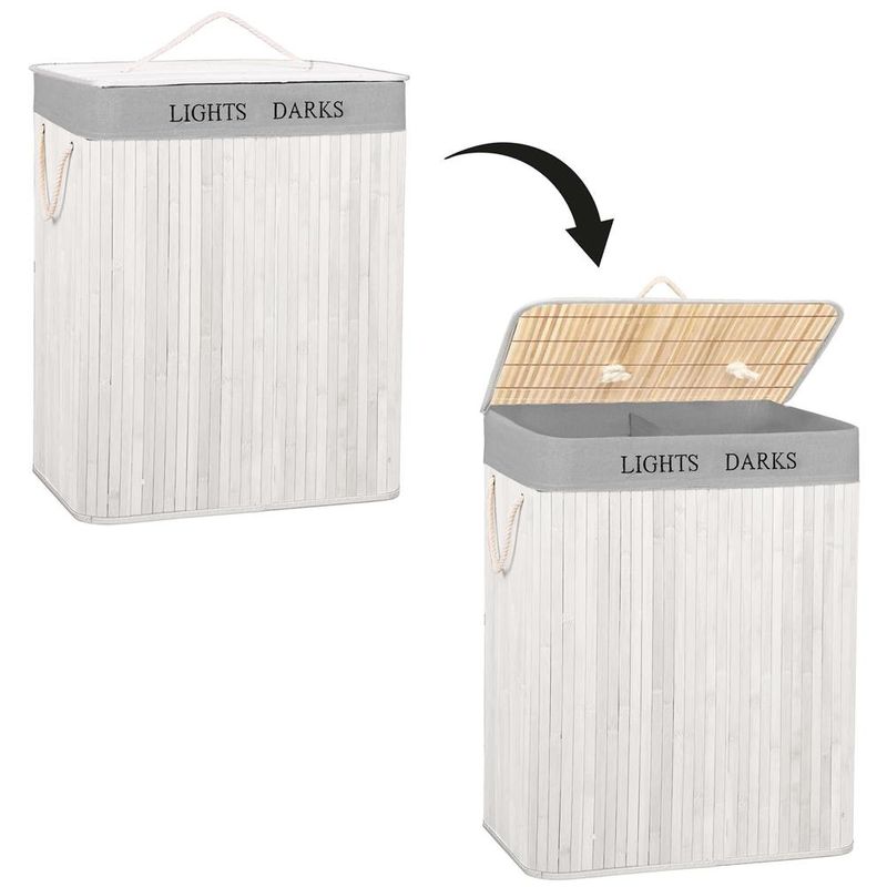 Market - Spalare si intretinere rufe - Uscatoare de rufe si accesorii - Cos pentru rufe din bambus, pliabil, cu 2 compartimente, volum 105 L, 63x52x33 cm, alb si gri - Infinity.ro