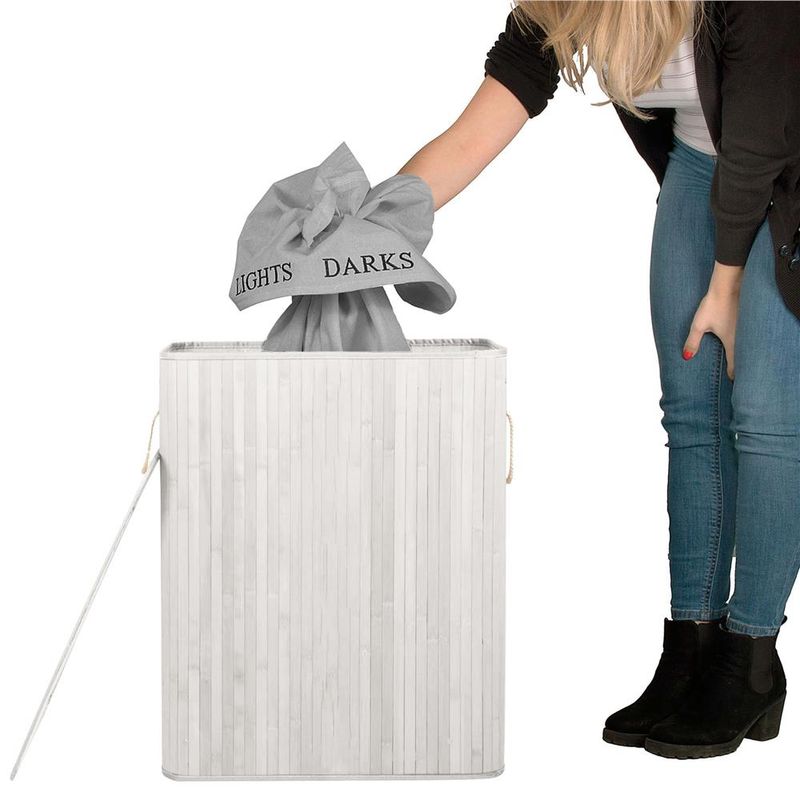 Market - Spalare si intretinere rufe - Uscatoare de rufe si accesorii - Cos pentru rufe din bambus, pliabil, cu 2 compartimente, volum 105 L, 63x52x33 cm, alb si gri - Infinity.ro