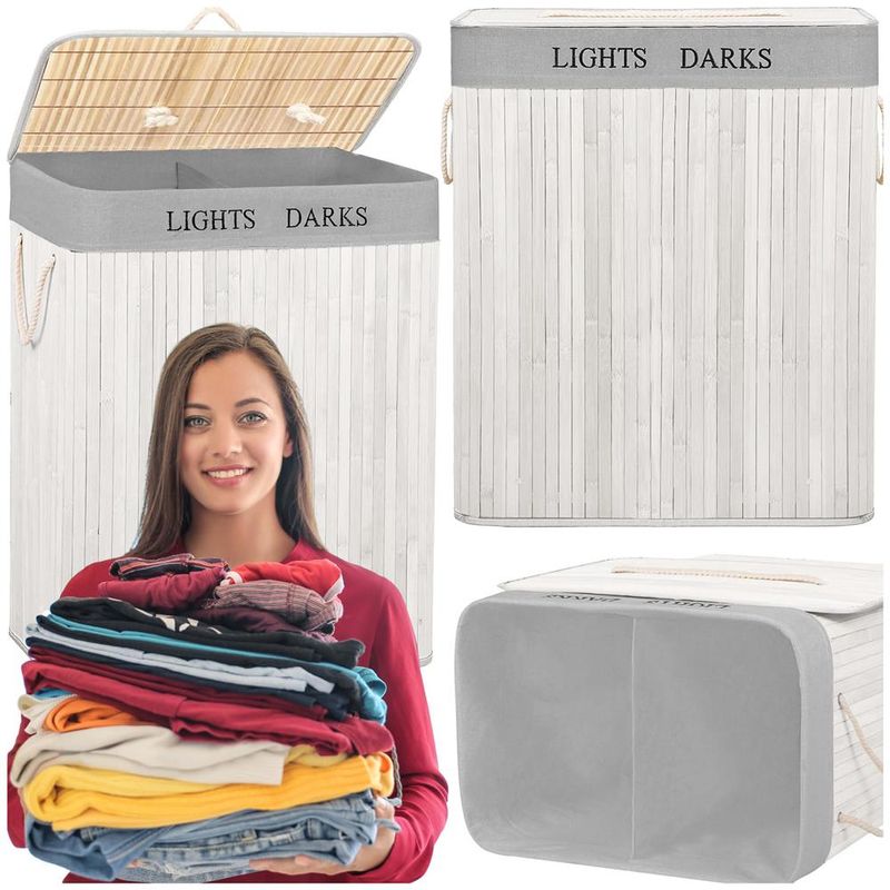 Market - Spalare si intretinere rufe - Uscatoare de rufe si accesorii - Cos pentru rufe din bambus, pliabil, cu 2 compartimente, volum 105 L, 63x52x33 cm, alb si gri - Infinity.ro