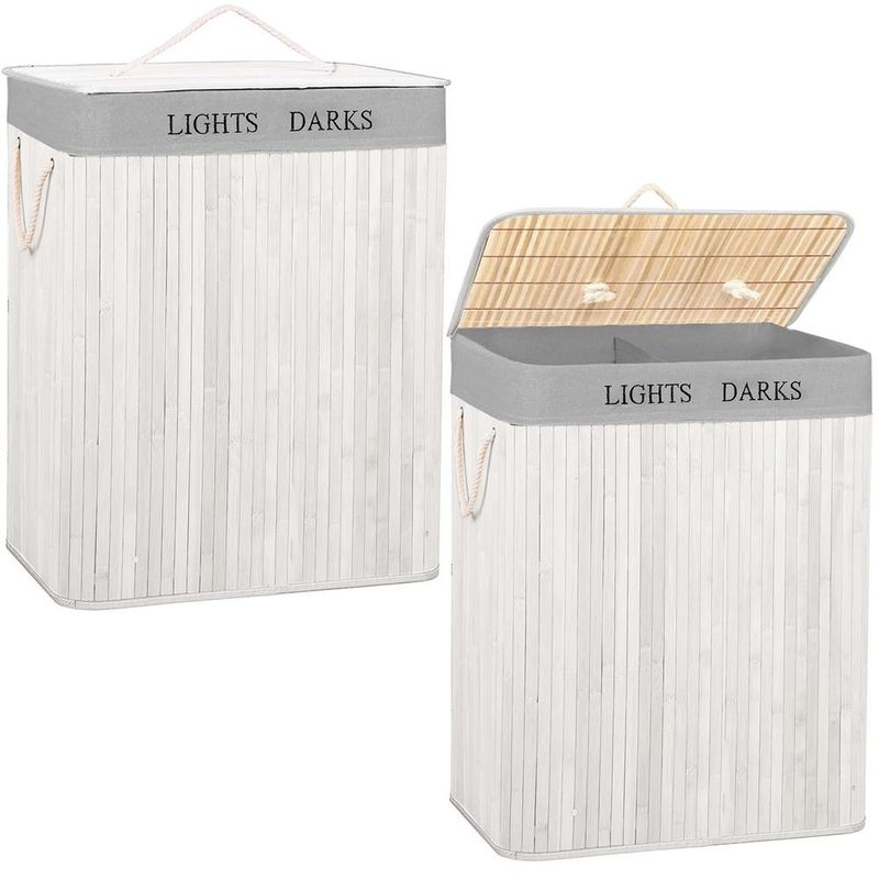 Market - Spalare si intretinere rufe - Uscatoare de rufe si accesorii - Cos pentru rufe din bambus, pliabil, cu 2 compartimente, volum 105 L, 63x52x33 cm, alb si gri - Infinity.ro