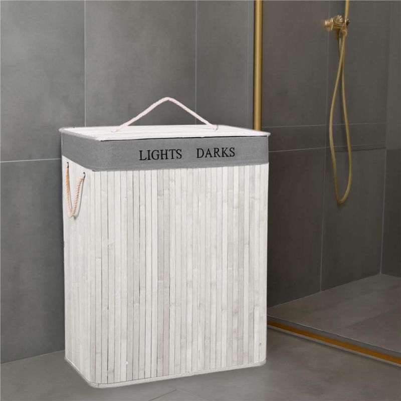 Market - Spalare si intretinere rufe - Uscatoare de rufe si accesorii - Cos pentru rufe din bambus, pliabil, cu 2 compartimente, volum 105 L, 63x52x33 cm, alb si gri - Infinity.ro