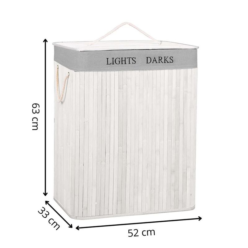 Market - Spalare si intretinere rufe - Uscatoare de rufe si accesorii - Cos pentru rufe din bambus, pliabil, cu 2 compartimente, volum 105 L, 63x52x33 cm, alb si gri - Infinity.ro
