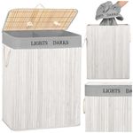 Market - Spalare si intretinere rufe - Uscatoare de rufe si accesorii - Cos pentru rufe din bambus, pliabil, cu 2 compartimente, volum 105 L, 63x52x33 cm, alb si gri - Infinity.ro