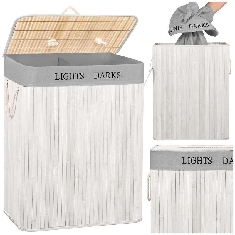 Market - Spalare si intretinere rufe - Uscatoare de rufe si accesorii - Cos pentru rufe din bambus, pliabil, cu 2 compartimente, volum 105 L, 63x52x33 cm, alb si gri - Infinity.ro