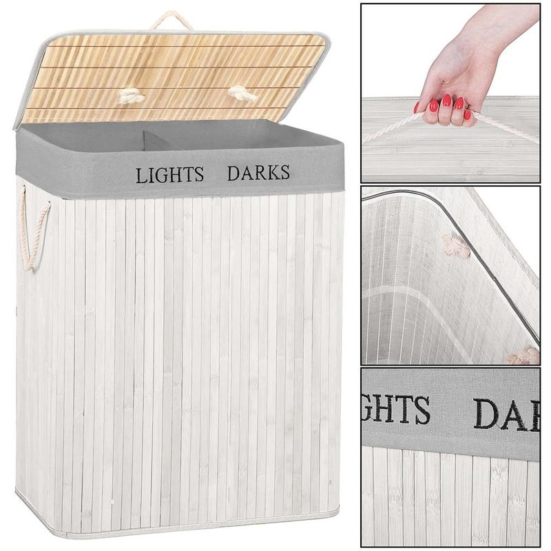 Market - Spalare si intretinere rufe - Uscatoare de rufe si accesorii - Cos pentru rufe din bambus, pliabil, cu 2 compartimente, volum 105 L, 63x52x33 cm, alb si gri - Infinity.ro