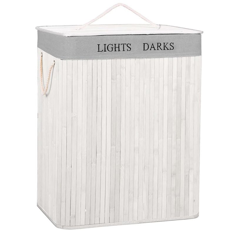 Market - Spalare si intretinere rufe - Uscatoare de rufe si accesorii - Cos pentru rufe din bambus, pliabil, cu 2 compartimente, volum 105 L, 63x52x33 cm, alb si gri - Infinity.ro