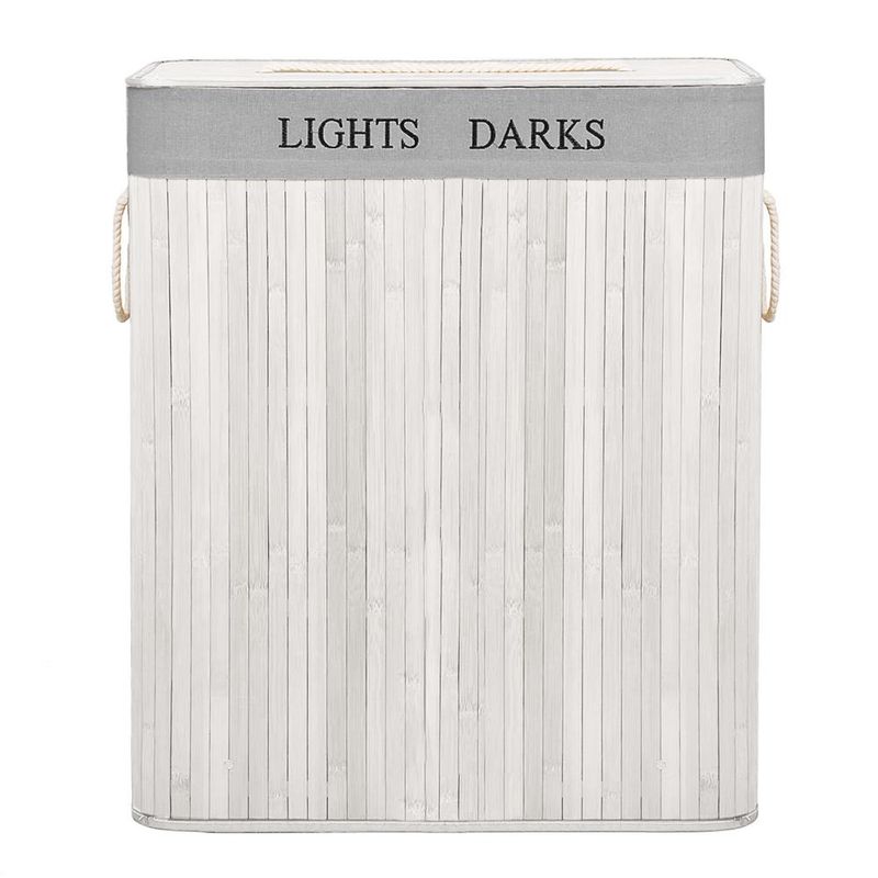 Market - Spalare si intretinere rufe - Uscatoare de rufe si accesorii - Cos pentru rufe din bambus, pliabil, cu 2 compartimente, volum 105 L, 63x52x33 cm, alb si gri - Infinity.ro