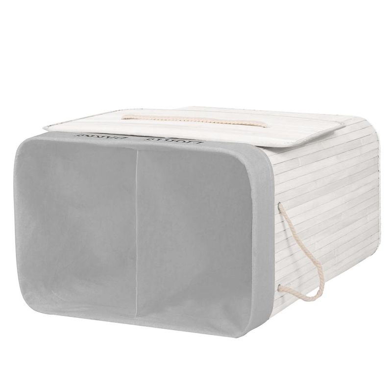 Market - Spalare si intretinere rufe - Uscatoare de rufe si accesorii - Cos pentru rufe din bambus, pliabil, cu 2 compartimente, volum 105 L, 63x52x33 cm, alb si gri - Infinity.ro