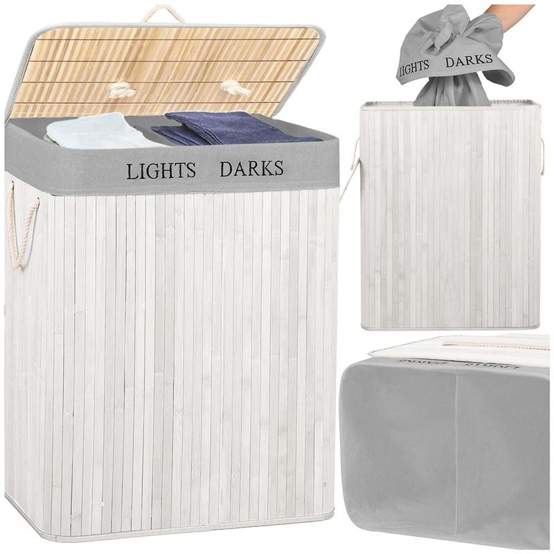 Market - Spalare si intretinere rufe - Uscatoare de rufe si accesorii - Cos pentru rufe din bambus, pliabil, cu 2 compartimente, volum 105 L, 63x52x33 cm, alb si gri - Infinity.ro