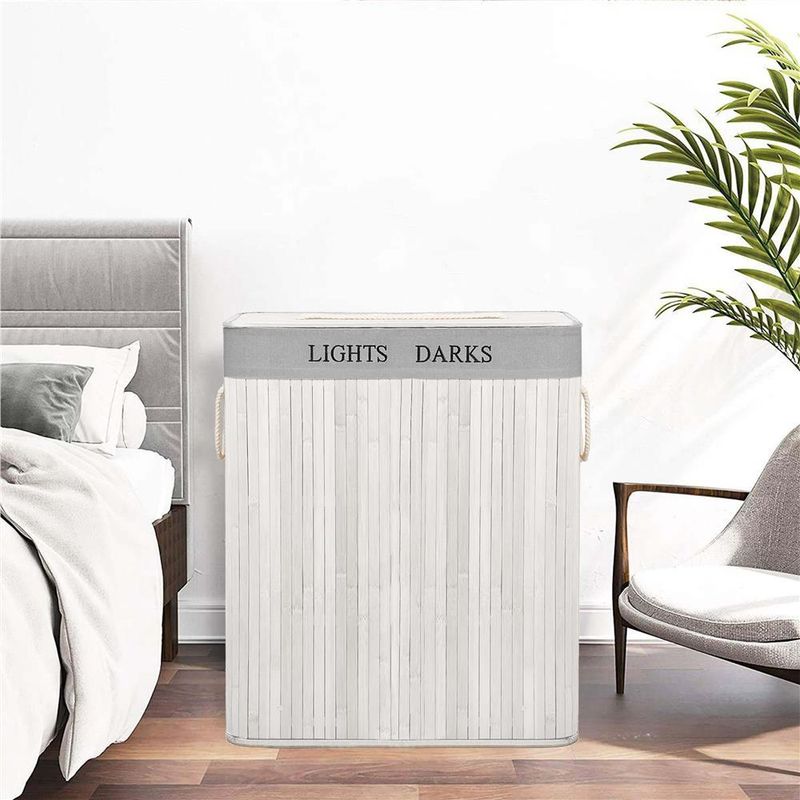 Market - Spalare si intretinere rufe - Uscatoare de rufe si accesorii - Cos pentru rufe din bambus, pliabil, cu 2 compartimente, volum 105 L, 63x52x33 cm, alb si gri - Infinity.ro