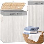 Market - Spalare si intretinere rufe - Uscatoare de rufe si accesorii - Cos pentru rufe din bambus, pliabil, cu 2 compartimente, volum 105 L, 63x52x33 cm, alb si gri - Infinity.ro