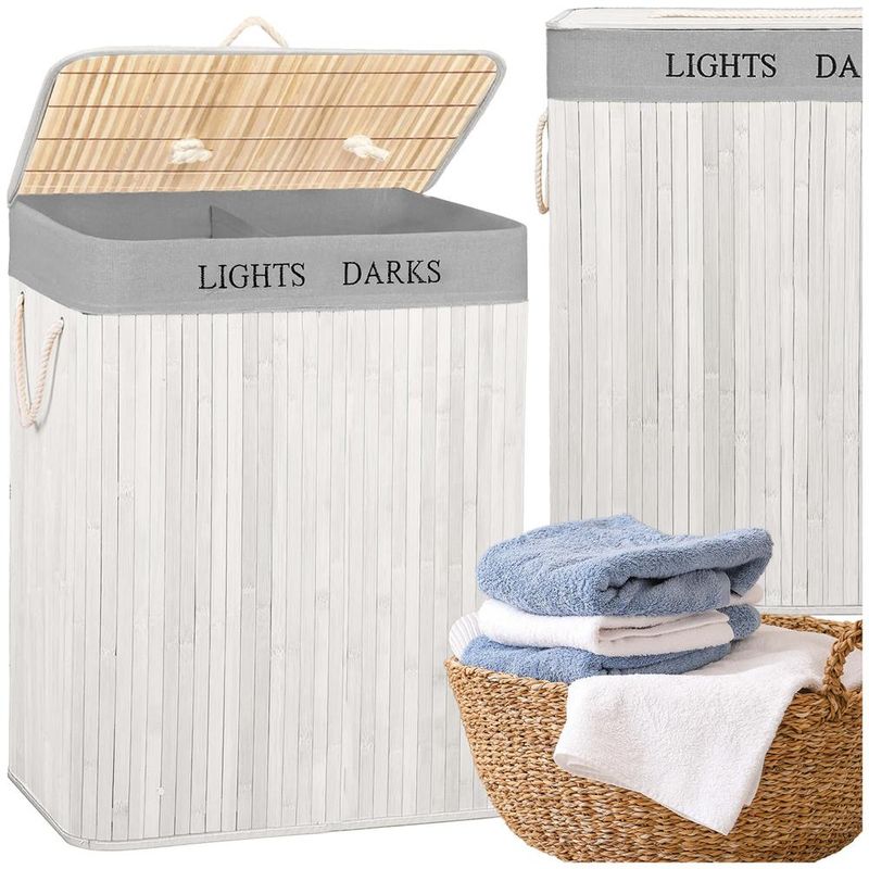 Market - Spalare si intretinere rufe - Uscatoare de rufe si accesorii - Cos pentru rufe din bambus, pliabil, cu 2 compartimente, volum 105 L, 63x52x33 cm, alb si gri - Infinity.ro