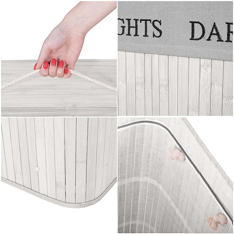 Market - Spalare si intretinere rufe - Uscatoare de rufe si accesorii - Cos pentru rufe din bambus, pliabil, cu 2 compartimente, volum 105 L, 63x52x33 cm, alb si gri - Infinity.ro