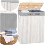 Market - Spalare si intretinere rufe - Uscatoare de rufe si accesorii - Cos pentru rufe din bambus, pliabil, cu 2 compartimente, volum 105 L, 63x52x33 cm, alb si gri - Infinity.ro
