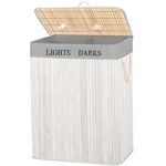 Market - Spalare si intretinere rufe - Uscatoare de rufe si accesorii - Cos pentru rufe din bambus, pliabil, cu 2 compartimente, volum 105 L, 63x52x33 cm, alb si gri - Infinity.ro