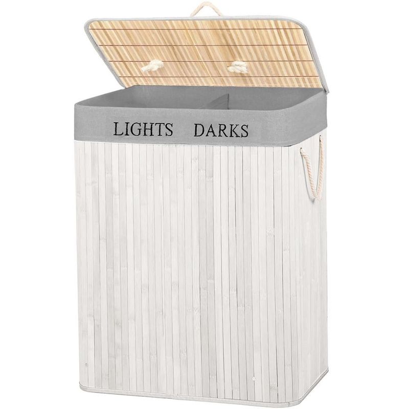 Market - Spalare si intretinere rufe - Uscatoare de rufe si accesorii - Cos pentru rufe din bambus, pliabil, cu 2 compartimente, volum 105 L, 63x52x33 cm, alb si gri - Infinity.ro
