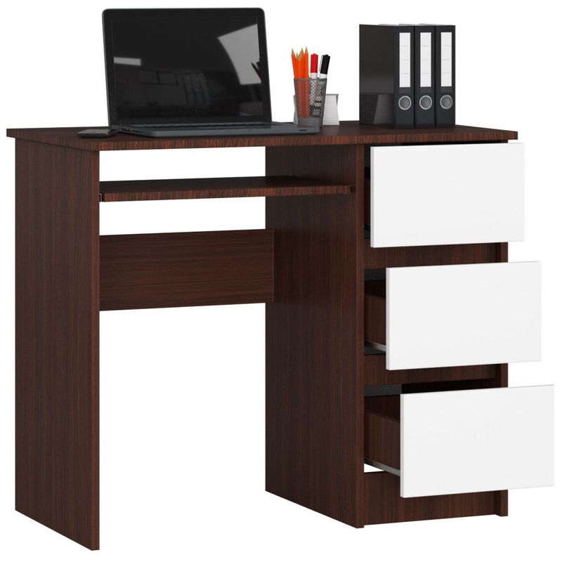 Casa si Gradina - Mobilier - Mese si birouri - Birouri - Birou computer cu 3 sertare si raft pentru tastatura, dreapta, 90x50x77 cm, maro wenge si alb - Infinity.ro