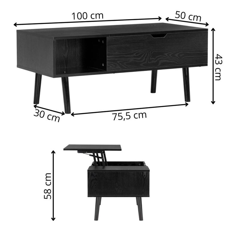 Casa si Gradina - Mobilier - Mese si birouri - Masute de cafea - Masuta de cafea cu blat rabatabil si spatiu de depozitare, cadru metalic si PAL, 100x50x43 cm, negru - Infinity.ro