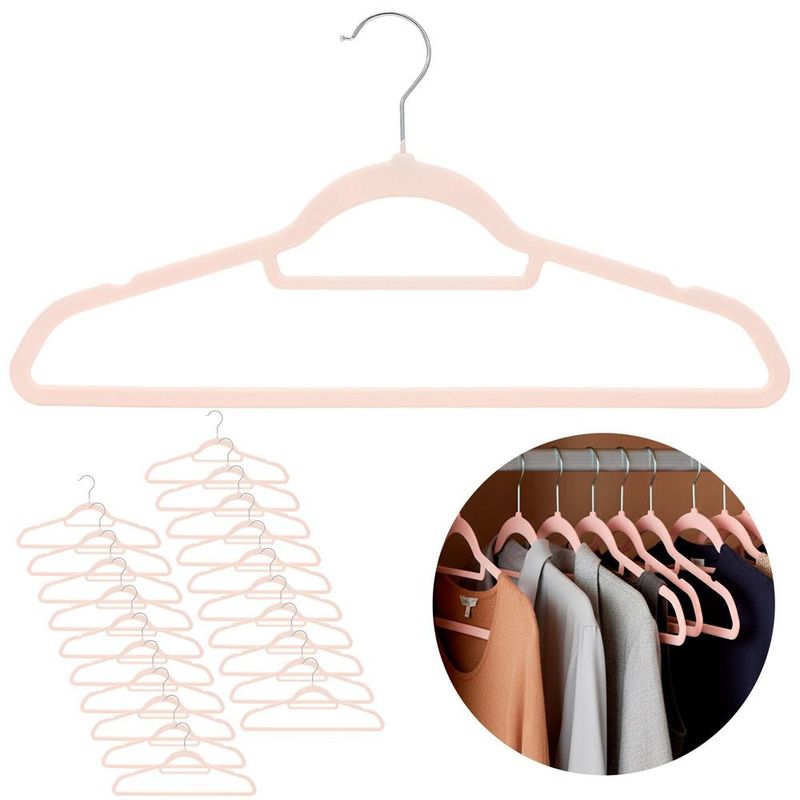 Casa si Gradina - Mobilier - Organizare si depozitare - Umerase si valeti - Set de 20 de umerase pentru haine, din velur, cu carlig rotativ, 45x23 cm, roz - Infinity.ro