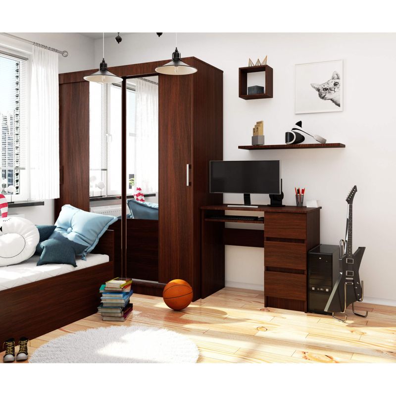 Casa si Gradina - Mobilier - Mese si birouri - Birouri - Birou computer cu 3 sertare si raft pentru tastatura, dreapta, 90x50x77 cm, maro wenge - Infinity.ro