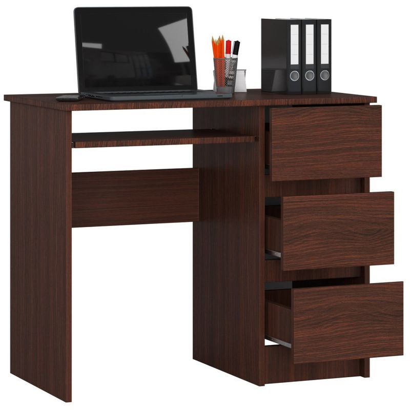 Casa si Gradina - Mobilier - Mese si birouri - Birouri - Birou computer cu 3 sertare si raft pentru tastatura, dreapta, 90x50x77 cm, maro wenge - Infinity.ro