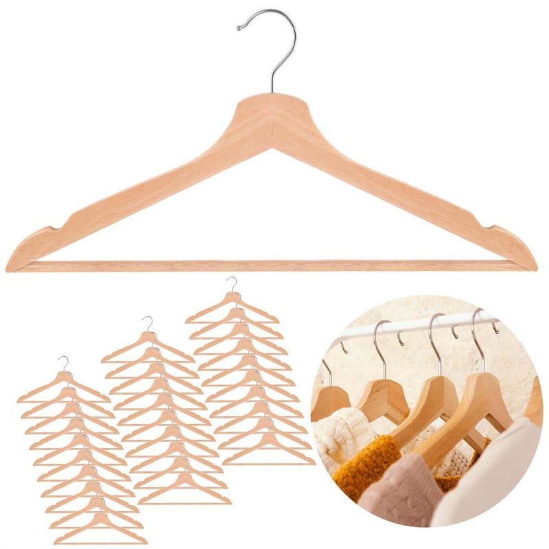 Casa si Gradina - Mobilier - Organizare si depozitare - Umerase si valeti - Set de 30 umerase din lemn cu carlig cromat rotativ, forma ergonomica, 43x21 cm, maro natur - Infinity.ro