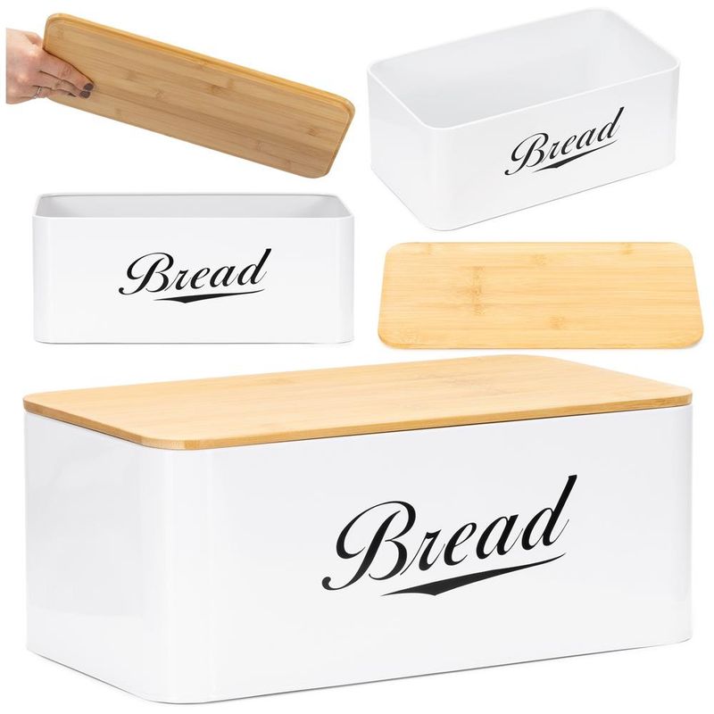 Casa si Gradina - Mobilier - Seturi de mobilier - Seturi bucatarie - Cutie pentru paine din metal cu capac din bambus, finisaj lucios, 33x18x14 cm, alb - Infinity.ro