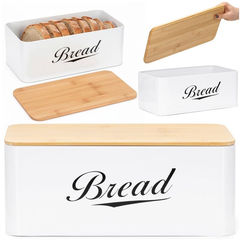 Casa si Gradina - Mobilier - Seturi de mobilier - Seturi bucatarie - Cutie pentru paine din metal cu capac din bambus, finisaj lucios, 33x18x14 cm, alb - Infinity.ro