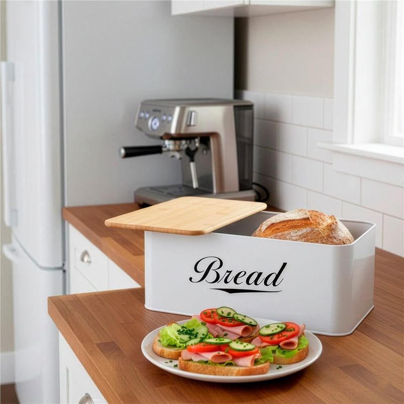 Casa si Gradina - Mobilier - Seturi de mobilier - Seturi bucatarie - Cutie pentru paine din metal cu capac din bambus, finisaj lucios, 33x18x14 cm, alb - Infinity.ro
