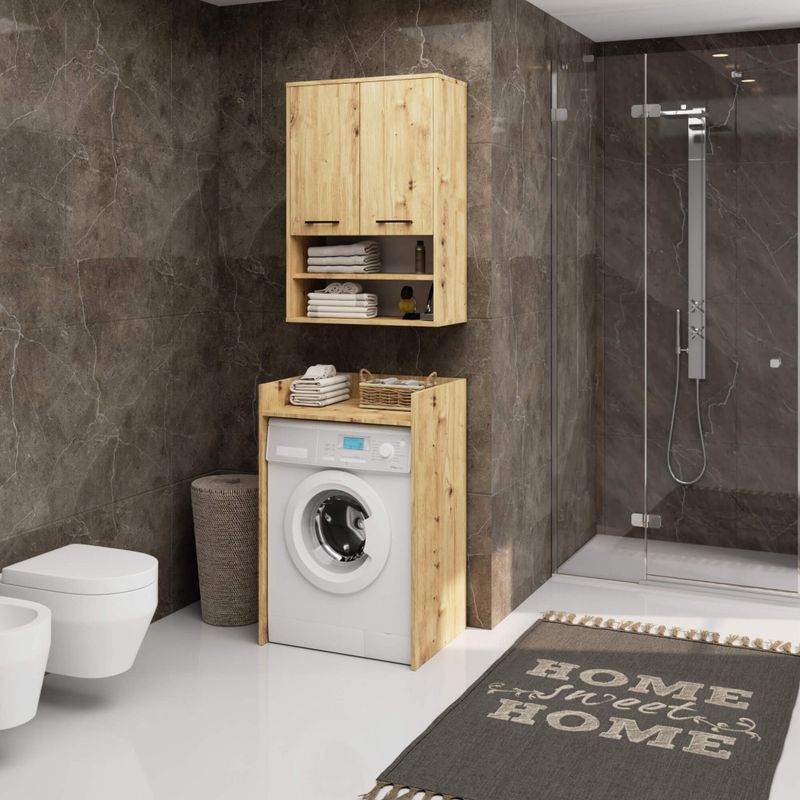 Casa si Gradina - Mobilier - Mobilier baie - Corpuri baie - Dulap baie suspendat, cu 2 usi si 2 rafturi deschise, PAL 16 mm, 64x30x94 cm, stejar artisan - Infinity.ro