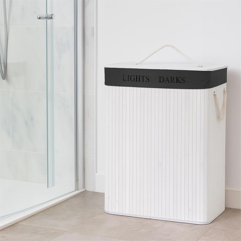 Market - Spalare si intretinere rufe - Uscatoare de rufe si accesorii - Cos pentru rufe din bambus, pliabil, cu 2 compartimente, volum 105 L, 63x52x33 cm, alb si gri inchis - Infinity.ro