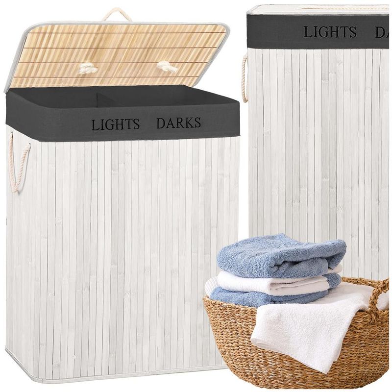 Market - Spalare si intretinere rufe - Uscatoare de rufe si accesorii - Cos pentru rufe din bambus, pliabil, cu 2 compartimente, volum 105 L, 63x52x33 cm, alb si gri inchis - Infinity.ro