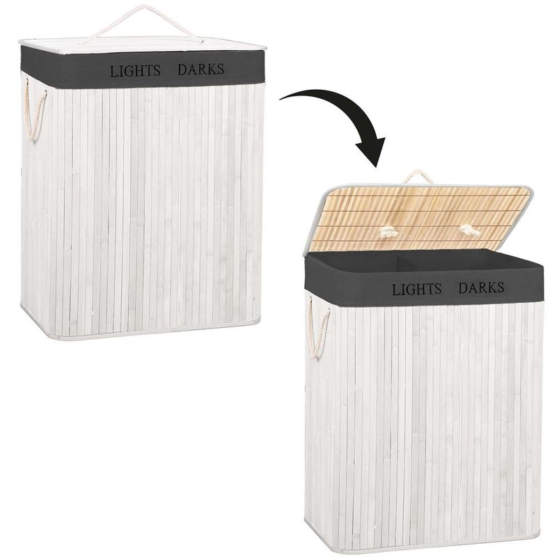 Market - Spalare si intretinere rufe - Uscatoare de rufe si accesorii - Cos pentru rufe din bambus, pliabil, cu 2 compartimente, volum 105 L, 63x52x33 cm, alb si gri inchis - Infinity.ro