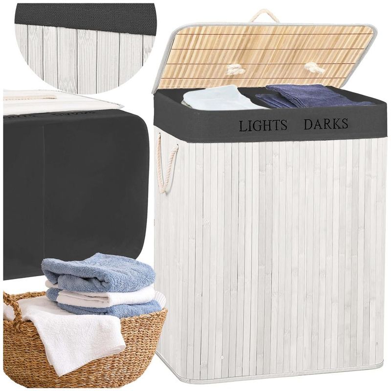 Market - Spalare si intretinere rufe - Uscatoare de rufe si accesorii - Cos pentru rufe din bambus, pliabil, cu 2 compartimente, volum 105 L, 63x52x33 cm, alb si gri inchis - Infinity.ro