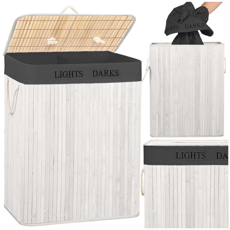 Market - Spalare si intretinere rufe - Uscatoare de rufe si accesorii - Cos pentru rufe din bambus, pliabil, cu 2 compartimente, volum 105 L, 63x52x33 cm, alb si gri inchis - Infinity.ro