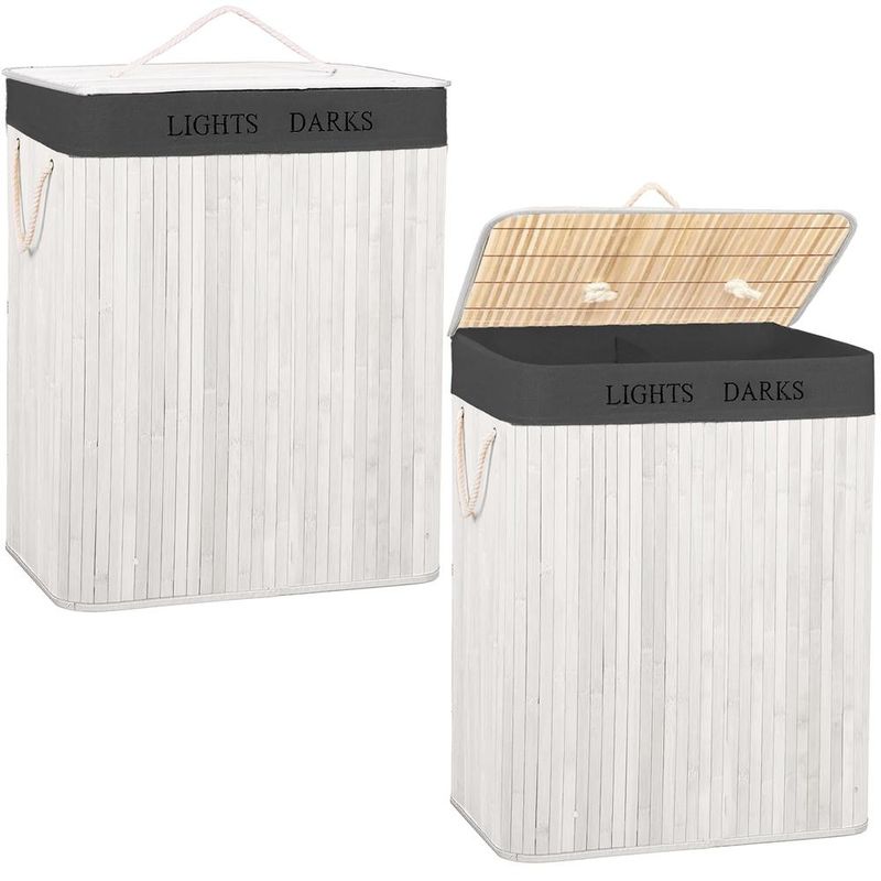 Market - Spalare si intretinere rufe - Uscatoare de rufe si accesorii - Cos pentru rufe din bambus, pliabil, cu 2 compartimente, volum 105 L, 63x52x33 cm, alb si gri inchis - Infinity.ro